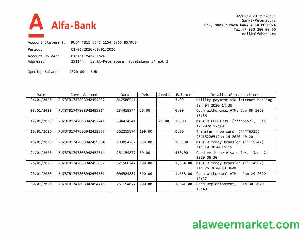 Russia Alfa bank proof of address statement template in Word and PDF format